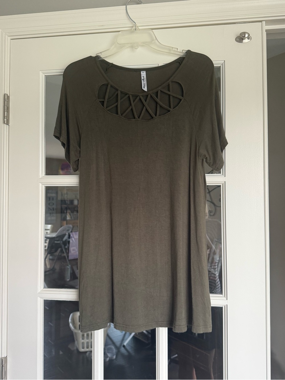 Women's Olive Lattice-Neck Short Sleeve Top